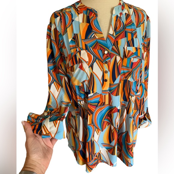 COCOMO XL 3/4 sleeve blue orange multicolored women’s pintuck Blouse top… - Picture 5 of 14